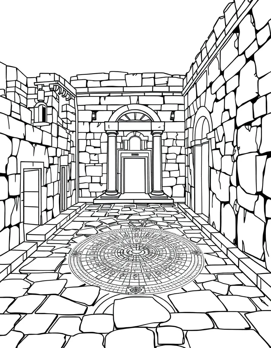 Ancient synagogue ruins with detailed mosaic floor patterns