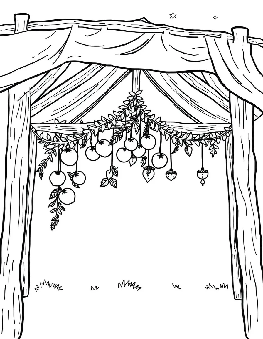 Sukkah interior with detailed hanging fruits and star-visible roof