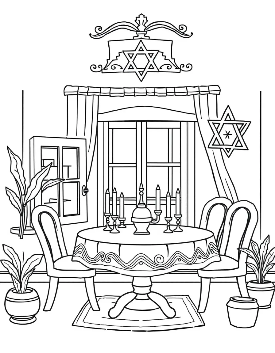 Jewish home with mezuzah, Shabbat table, and traditional elements