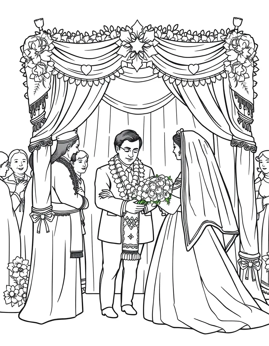 Traditional Jewish wedding scene with detailed chuppah and customs