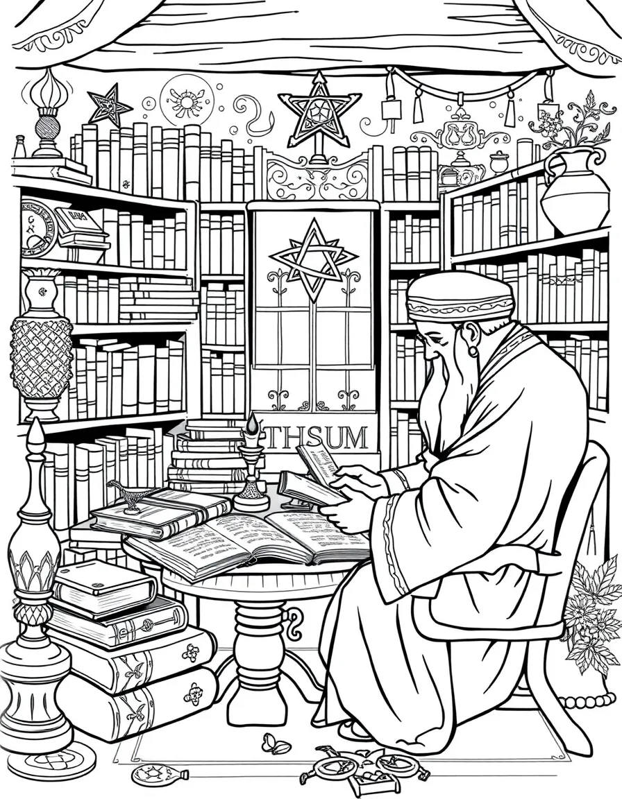 Rabbi's study with detailed books, Judaica, and traditional elements