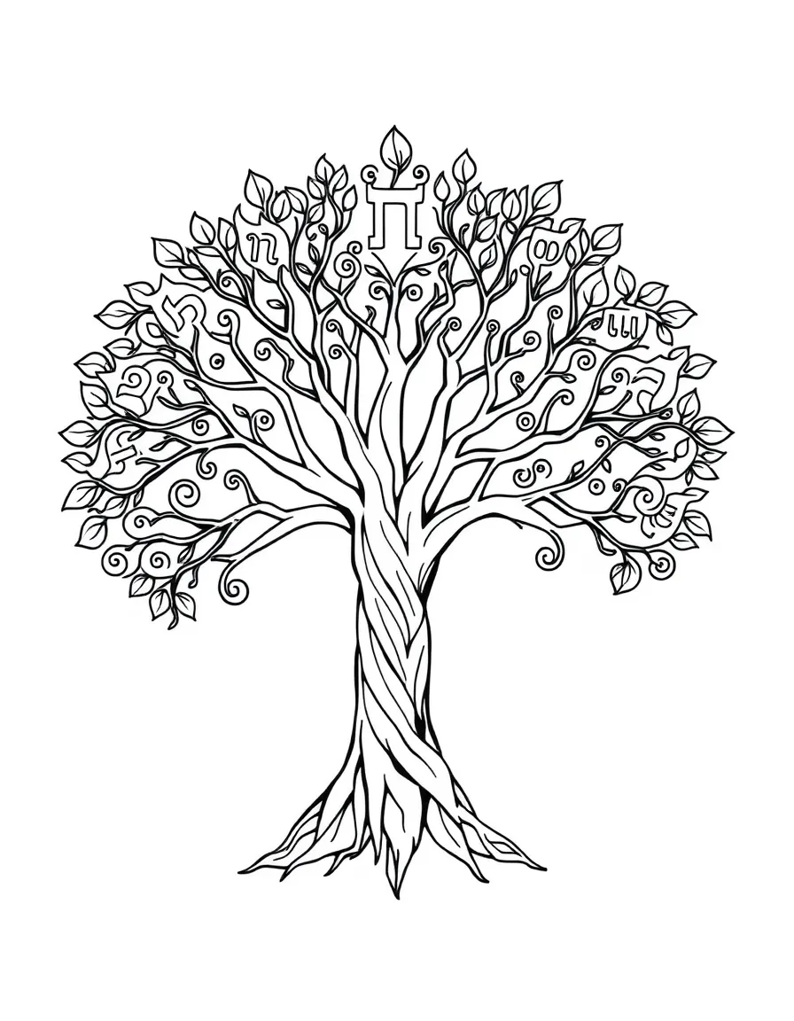 Tree of Life formed from Hebrew letters with kabbalah associations
