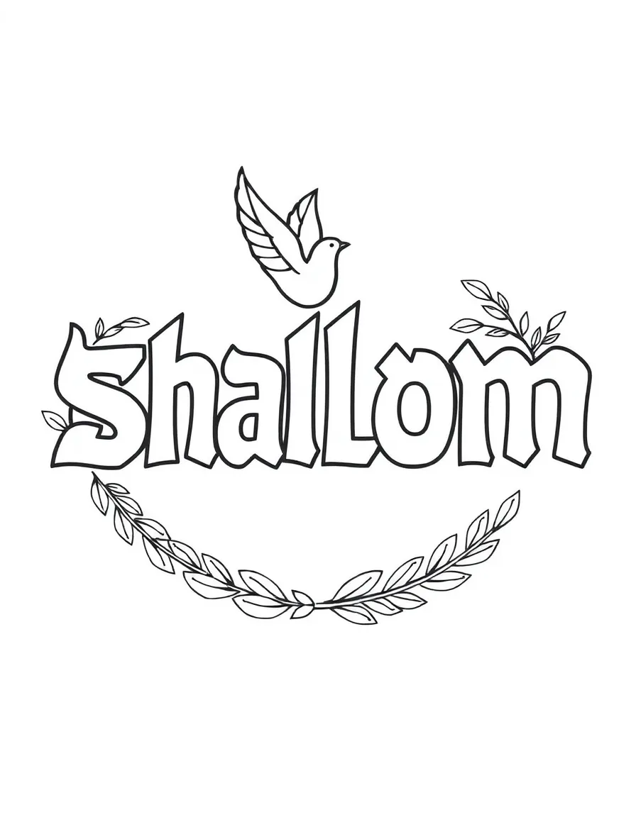 "Shalom" in elaborate Hebrew letters with dove and olive branch motifs