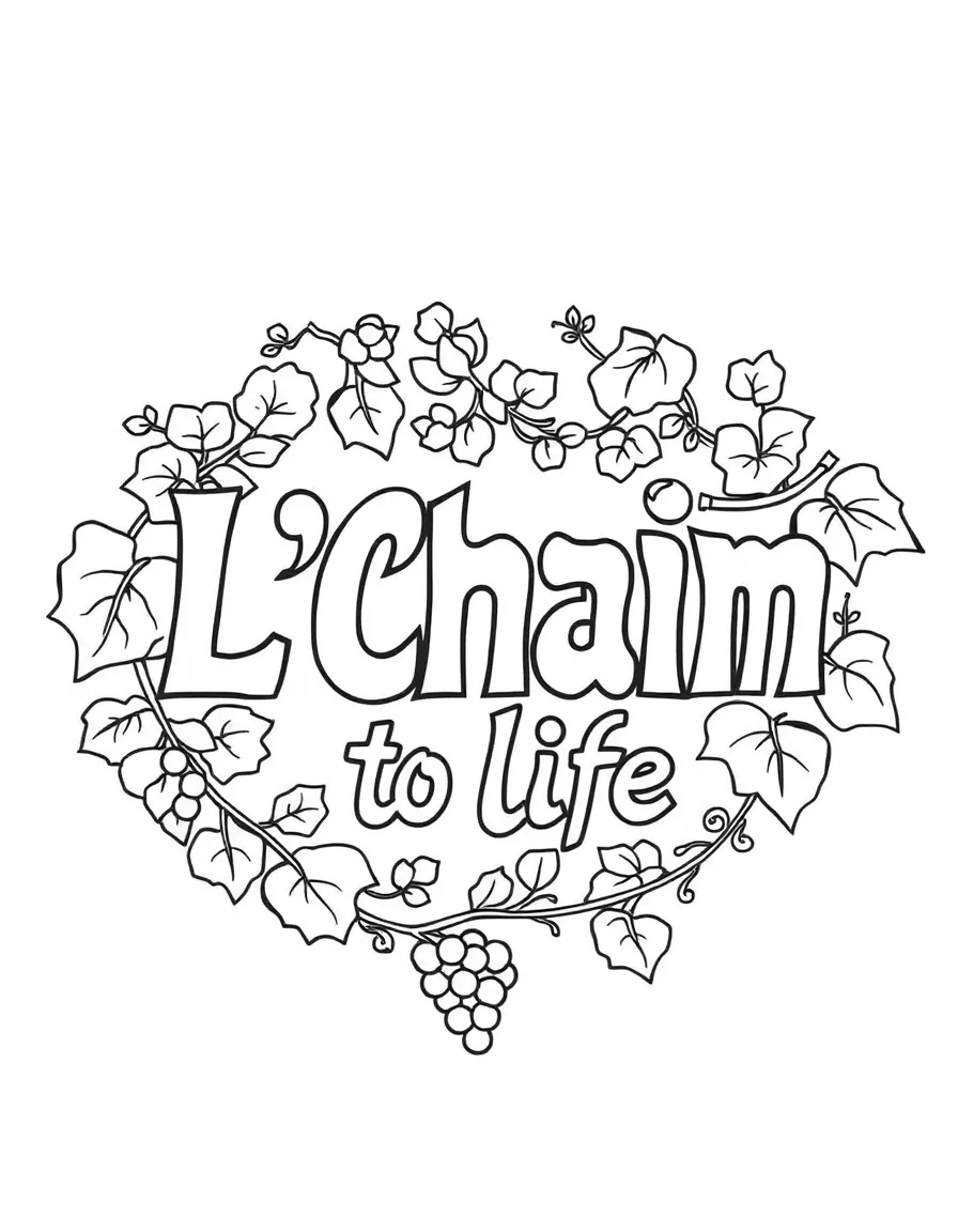 "L'Chaim" (to life) in festive Hebrew calligraphy with grape vine motifs