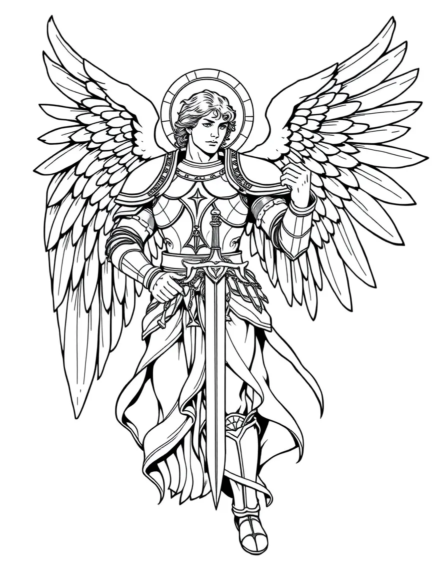 Archangel Michael with detailed armor, sword, and wings