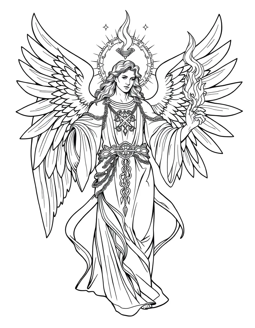 Archangel Uriel with flame of wisdom and detailed celestial symbolism