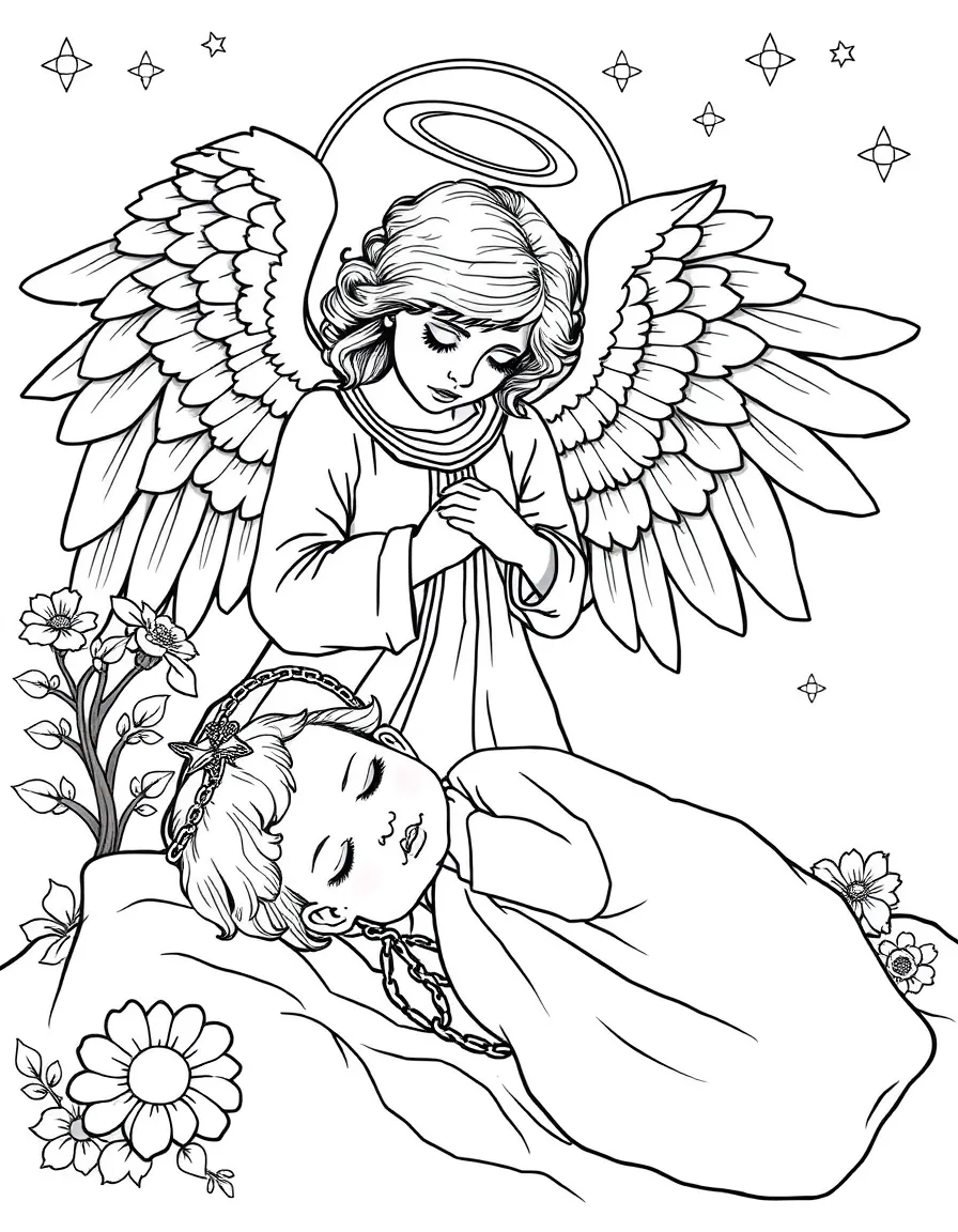 Guardian angel watching over sleeping child with detailed protective elements