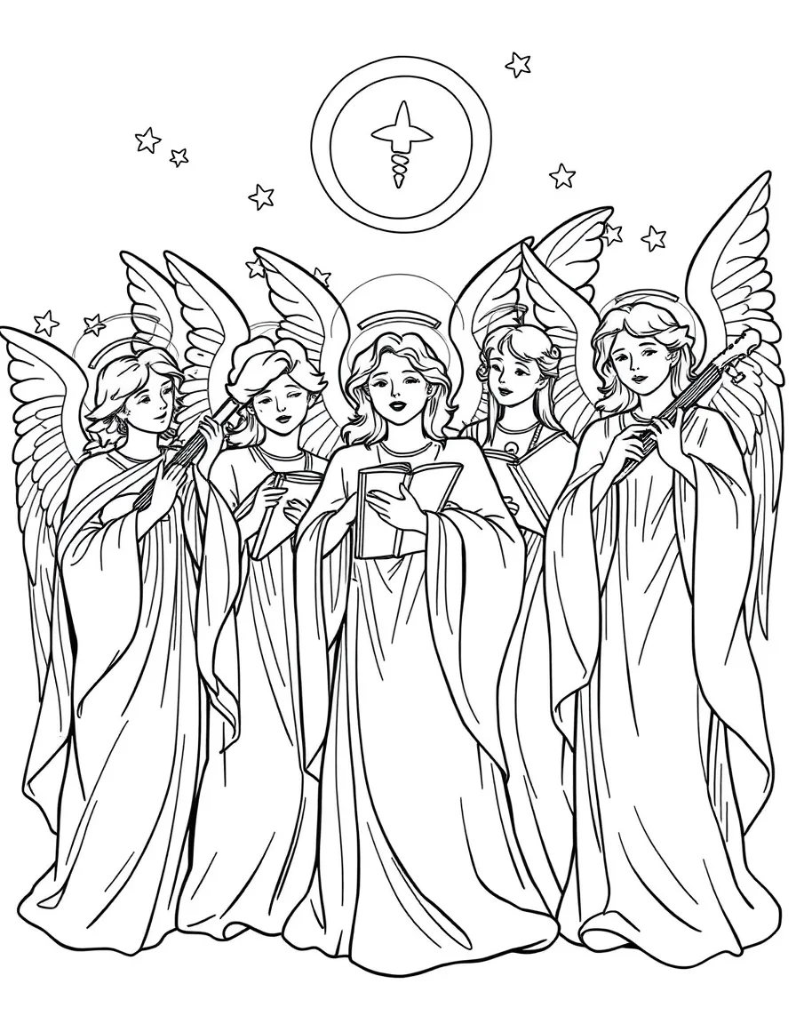 Choir of angels with various musical instruments and detailed robes