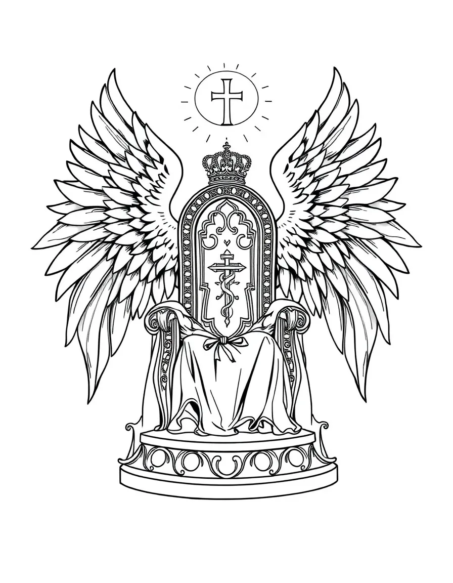 Seraphim surrounding throne with six wings in detailed arrangement
