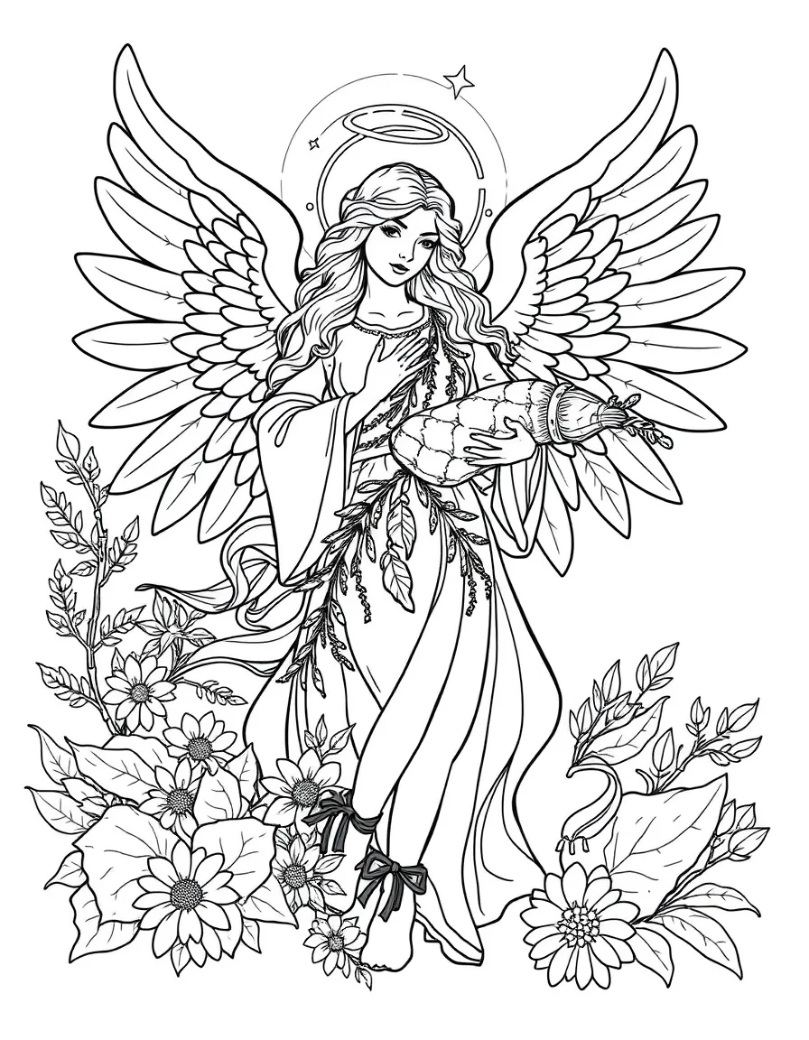 Angel of abundance with cornucopia and detailed natural elements