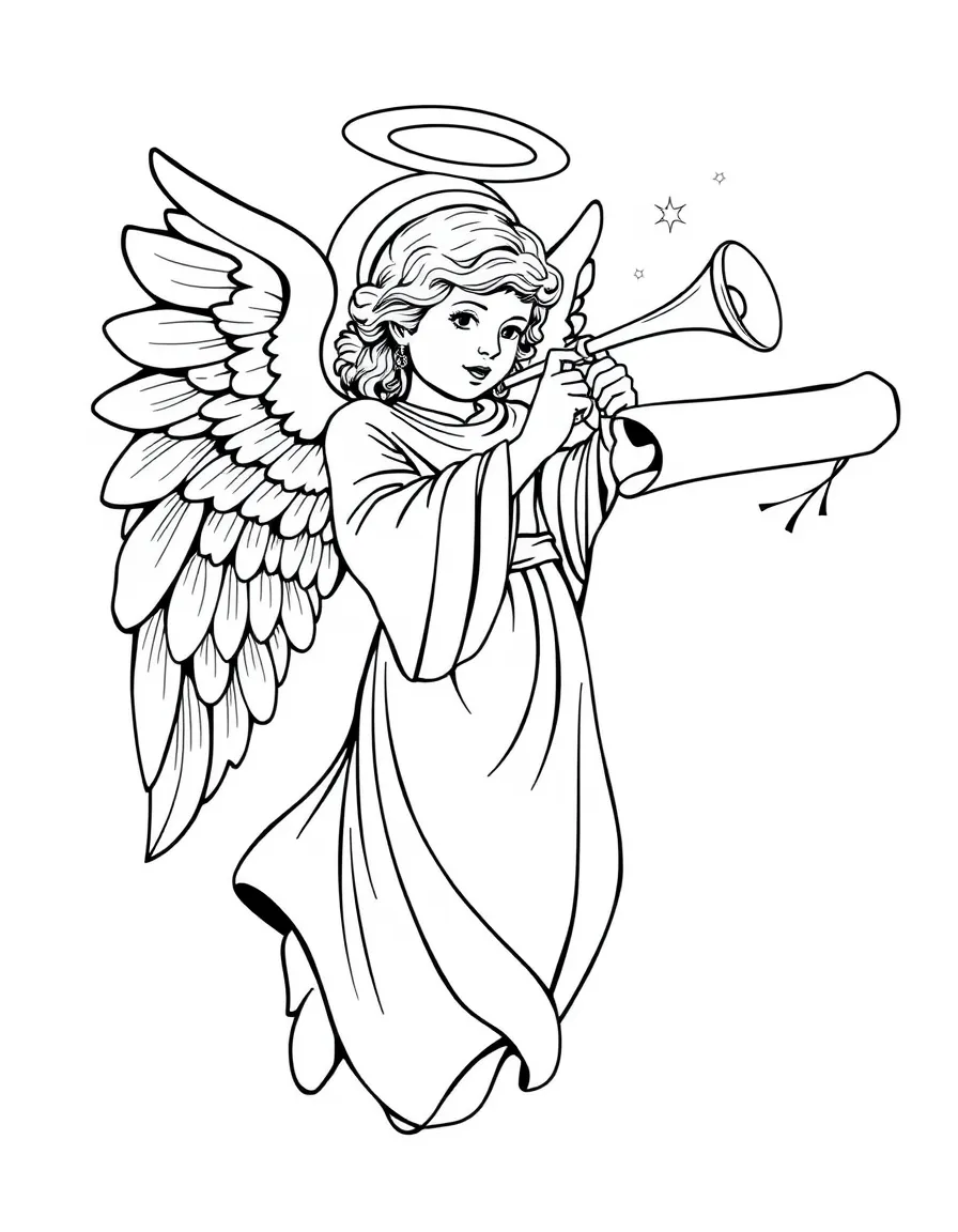 Announcing angel with scroll and detailed herald trumpet