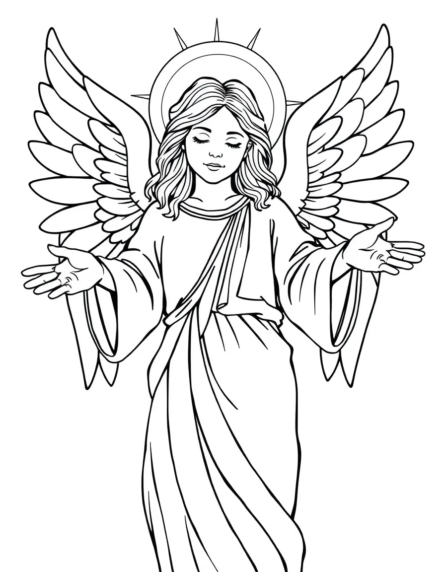 Angel of mercy with detailed compassionate expression and outstretched hands