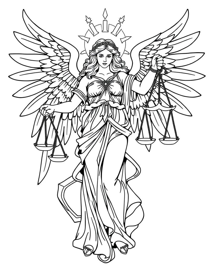 Angel of justice with scales and detailed symbolic elements