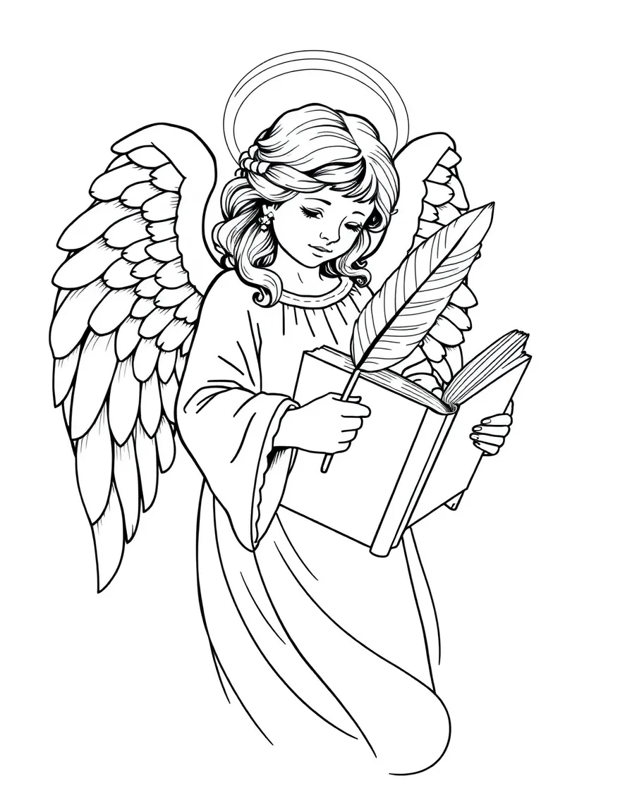 Angel with book of life and detailed quill for recording deeds