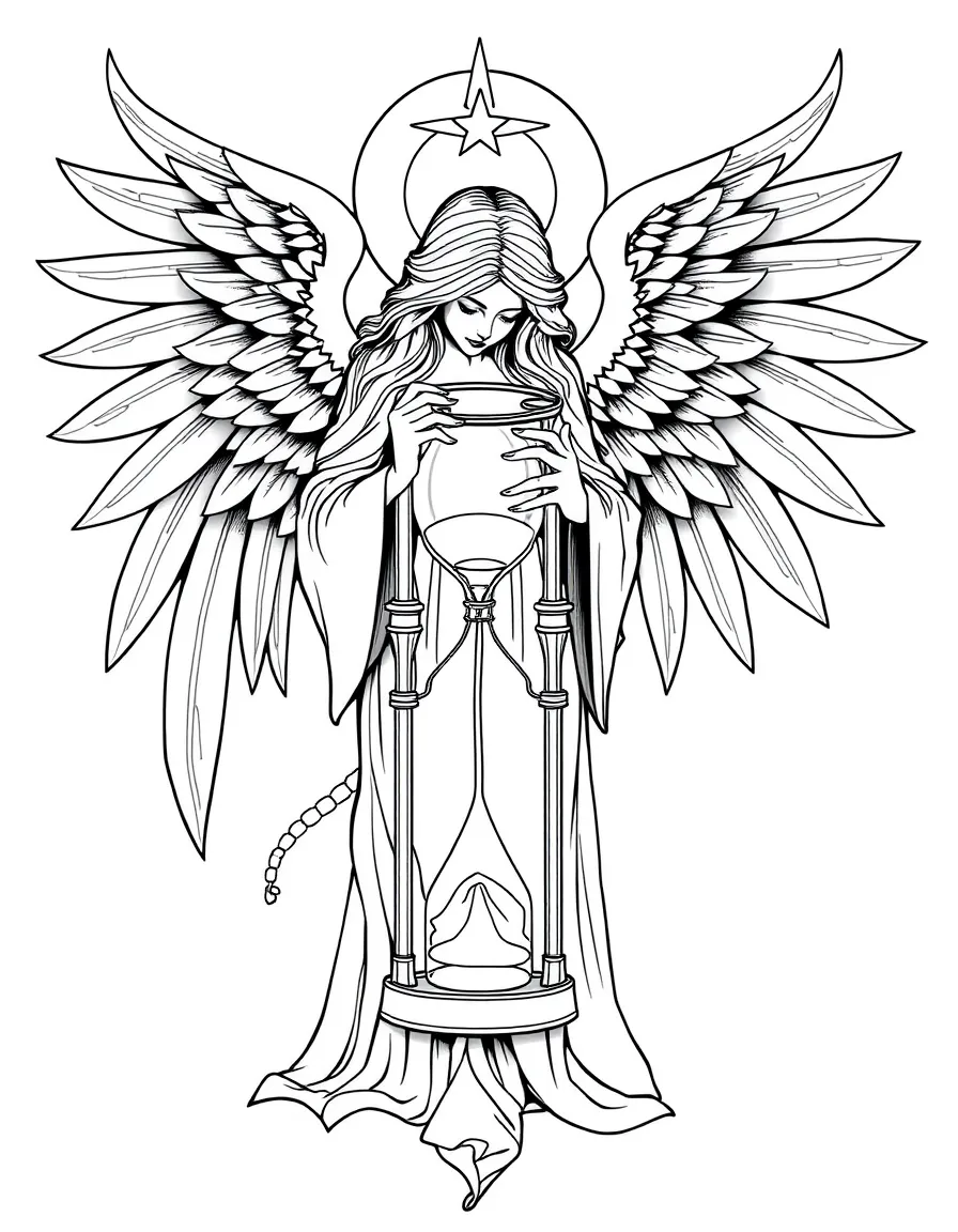 Angel of death with hourglass and detailed symbolic elements