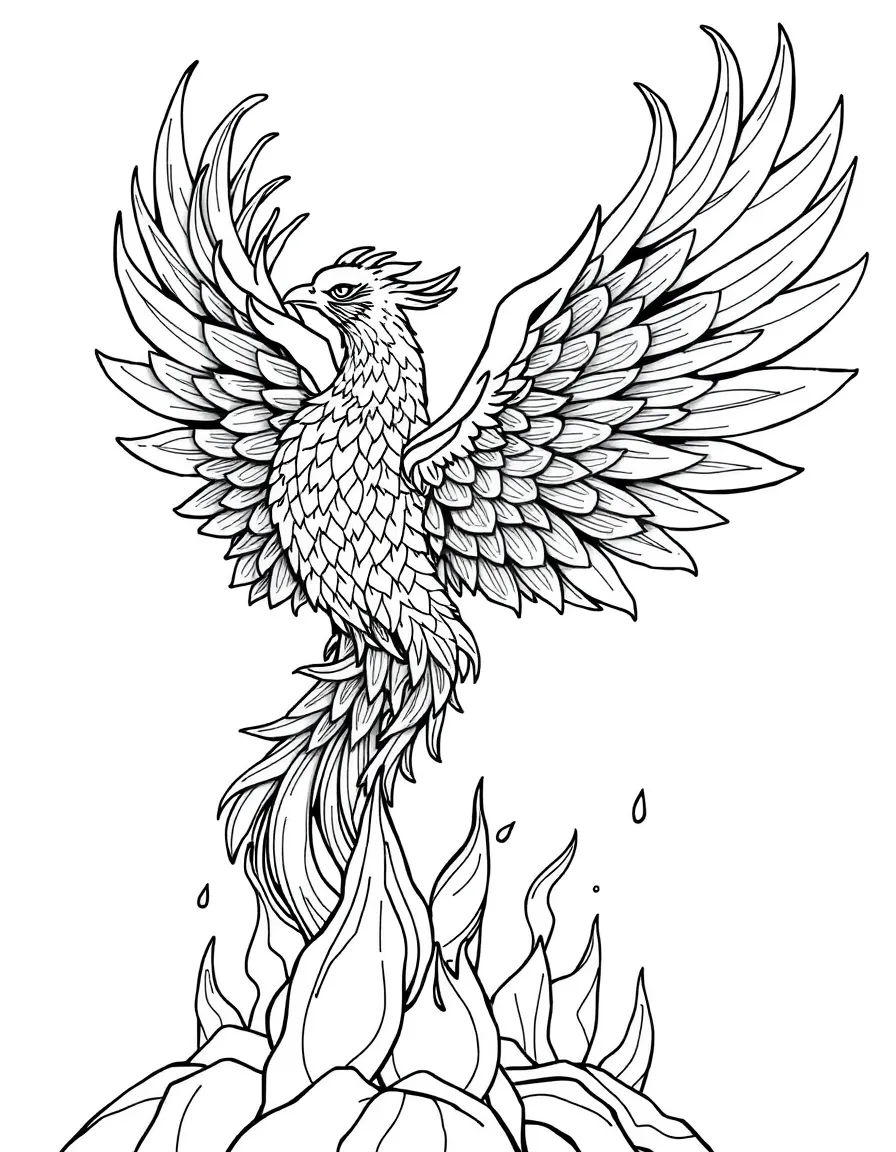 Phoenix rising from ashes with detailed flame and feather patterns