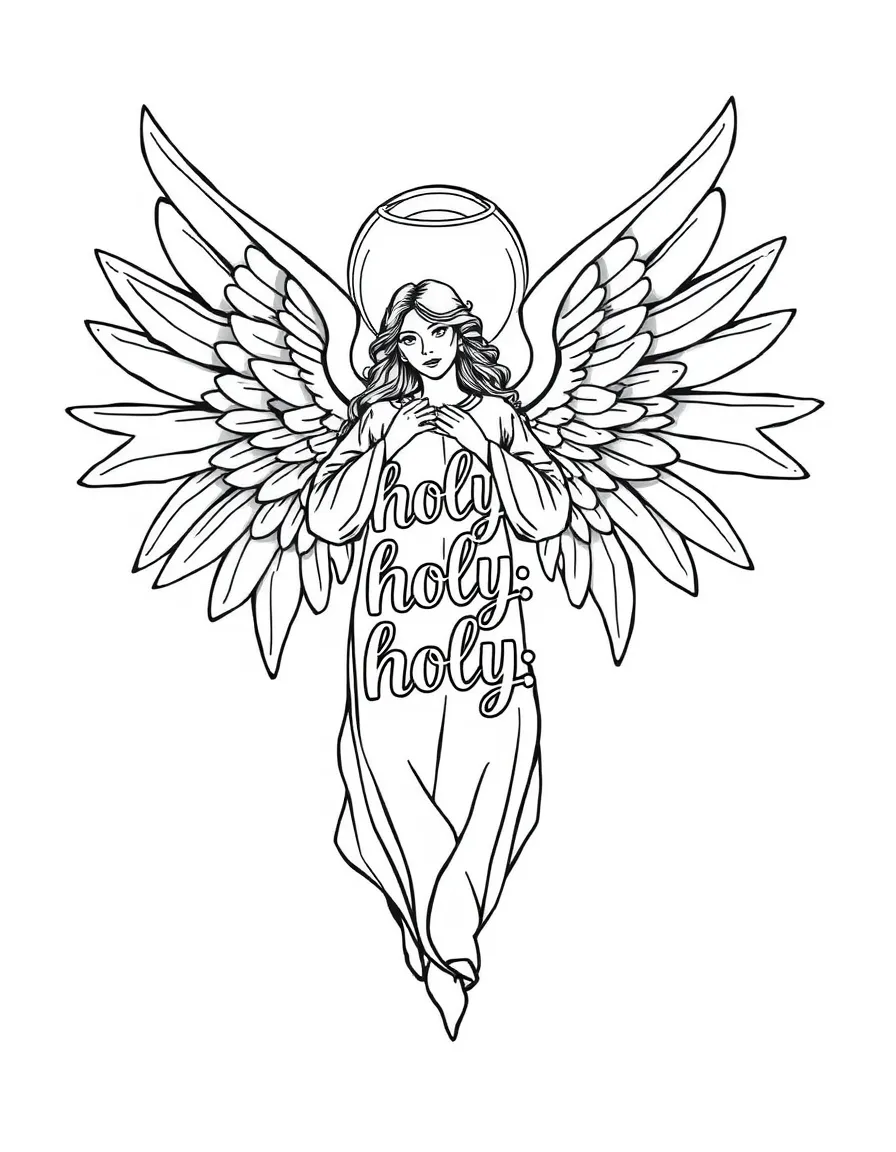 Seraph with six wings and detailed "holy, holy, holy" text