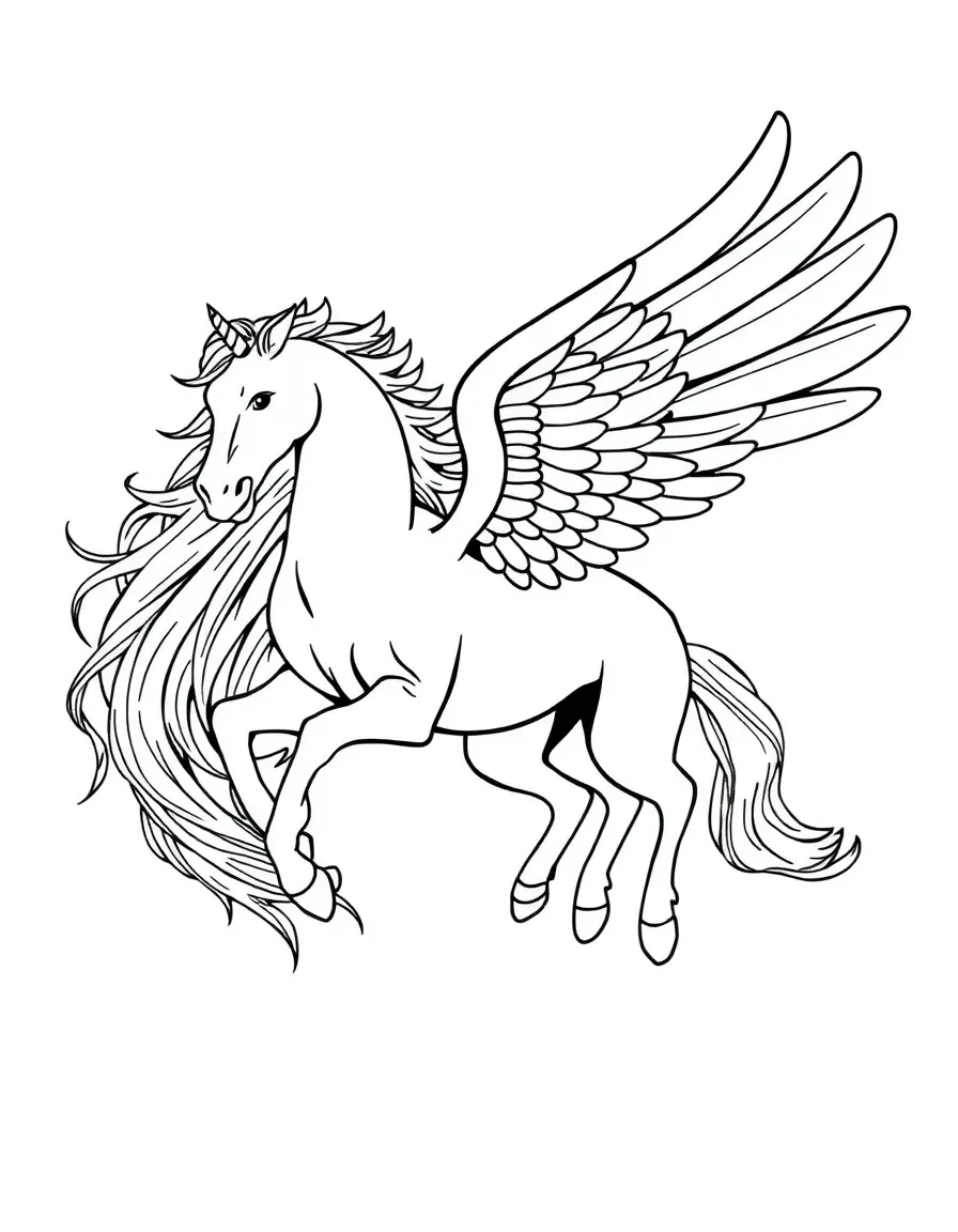 Pegasus in flight with detailed wing structure and flowing mane