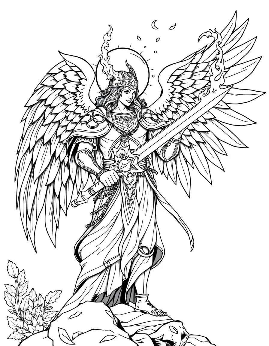 Garden of Eden guardian with flaming sword and detailed wings