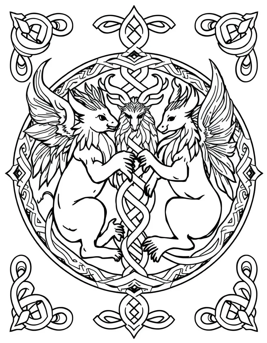 Celtic spiritual creatures interwoven in knotwork pattern