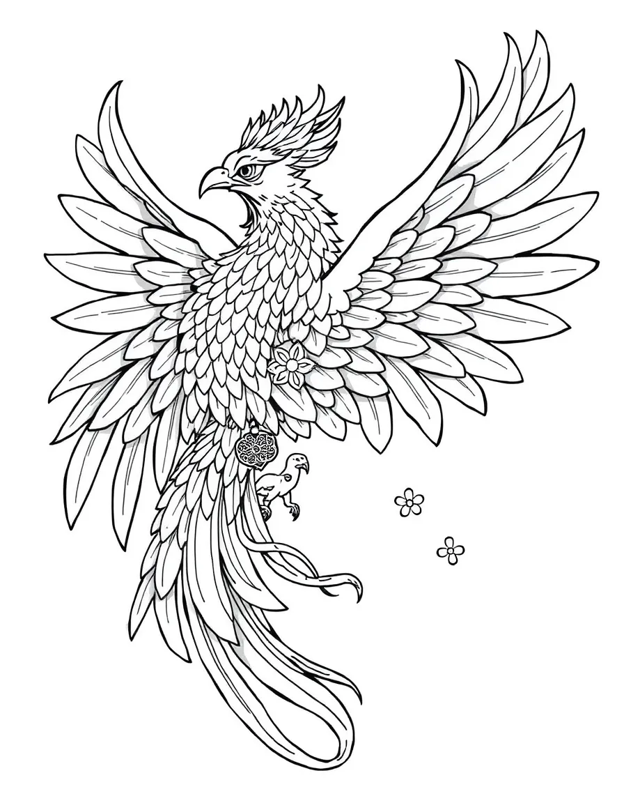 Japanese phoenix (ho-o) with detailed plumage and symbolic elements