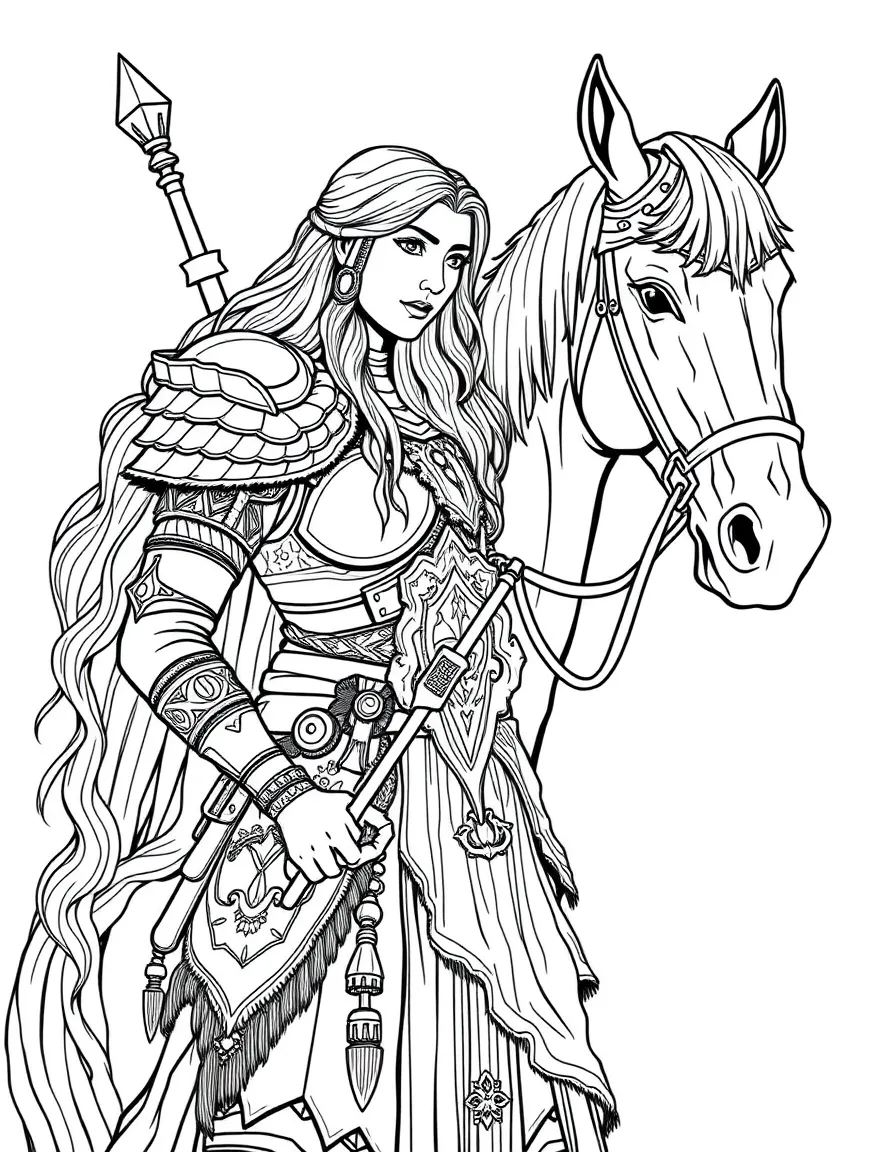 Norse Valkyrie with detailed armor and horse companion