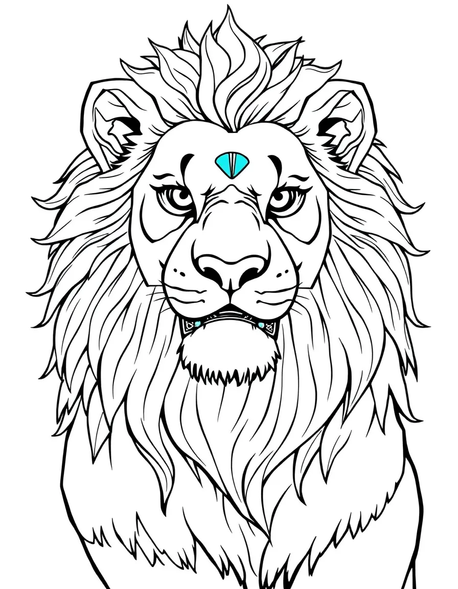 Tibetan snow lion with detailed turquoise mane and playful expression