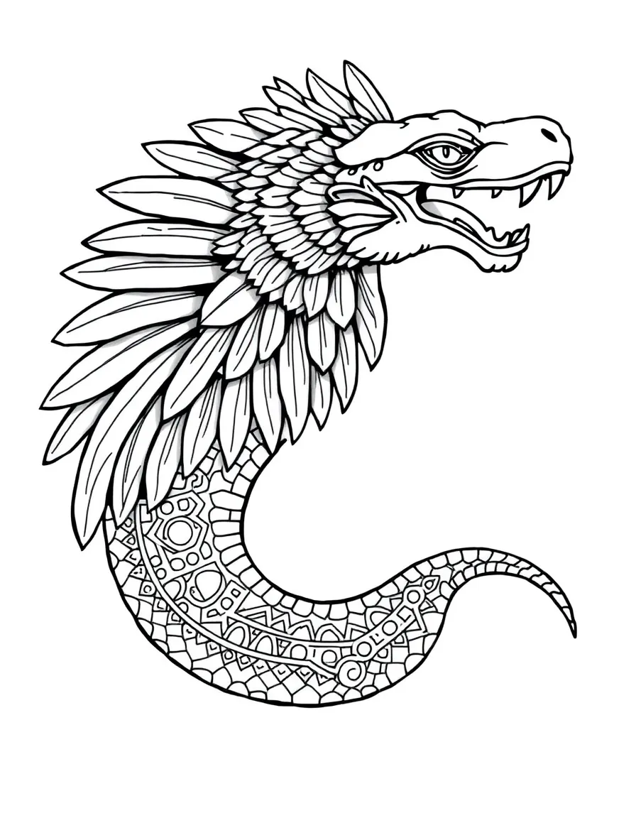 Mayan feathered serpent with detailed plumage and scale patterns