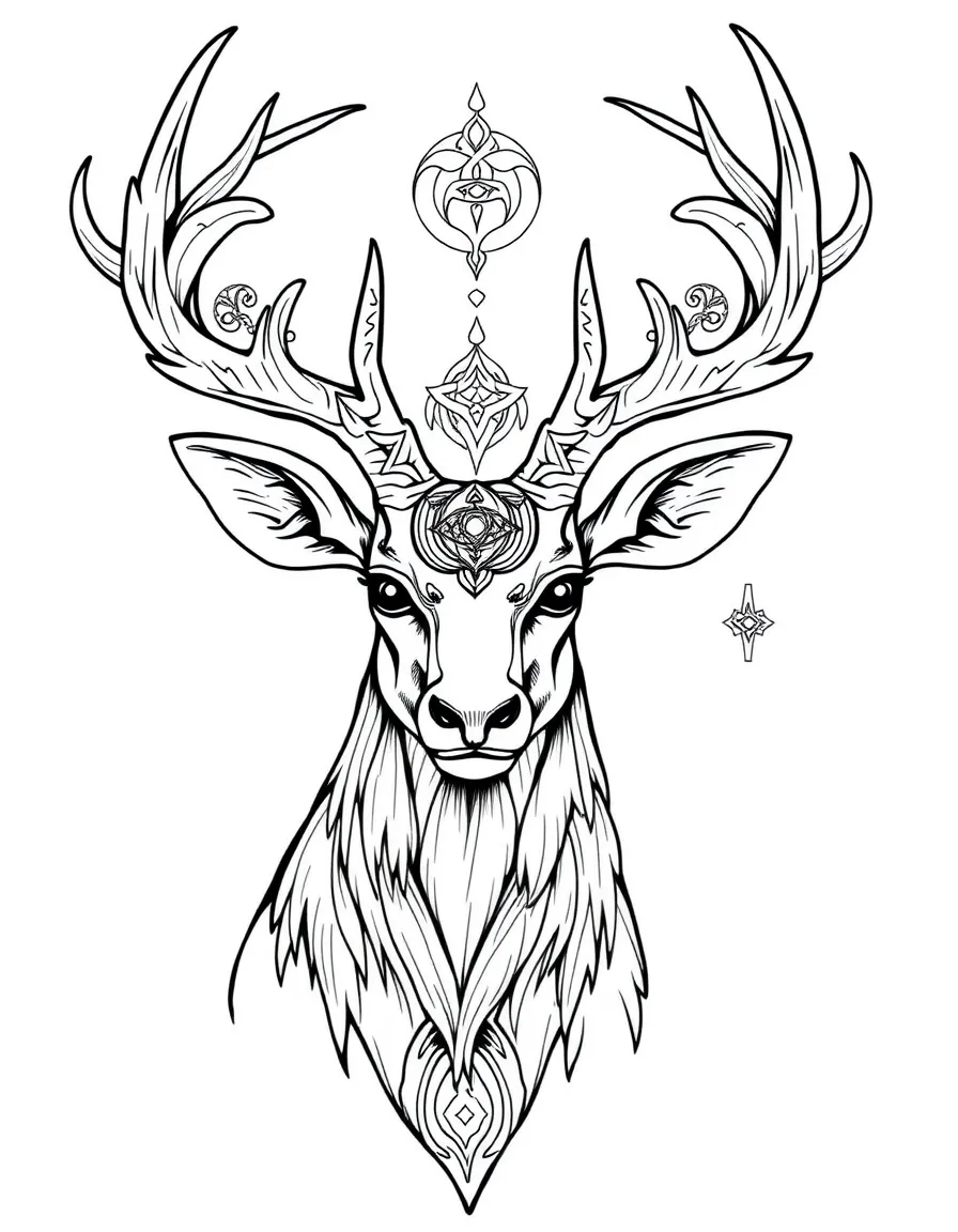 Celtic deer spirit with detailed antlers containing wisdom symbols