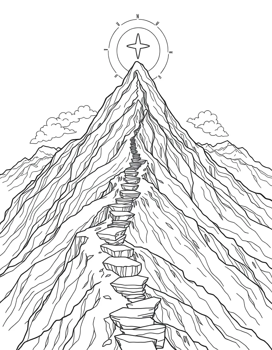 Spiritual mountain with detailed path of ascent and symbolic stages