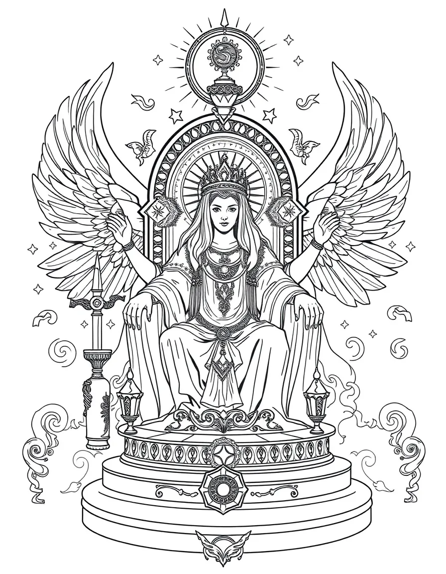 Celestial throne with detailed symbolic elements from various traditions
