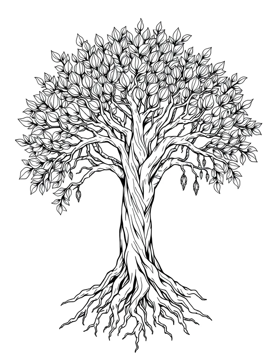 Tree of life extending between realms with detailed root and branch system