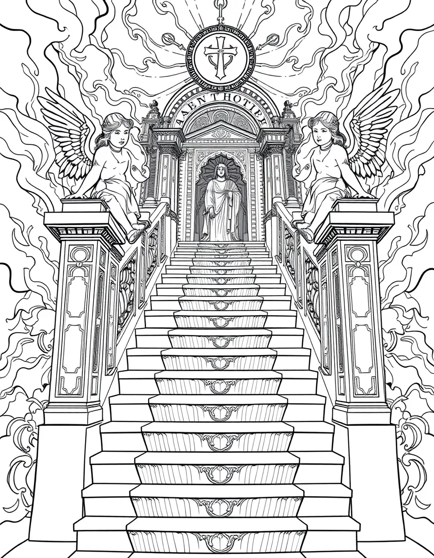 Stairway to heaven with detailed architectural elements and symbolic guardians