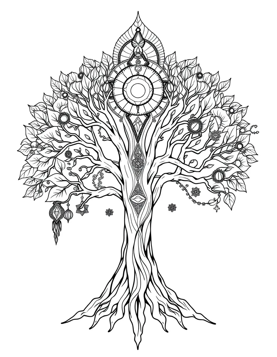 World tree connecting spiritual realms from multiple traditions