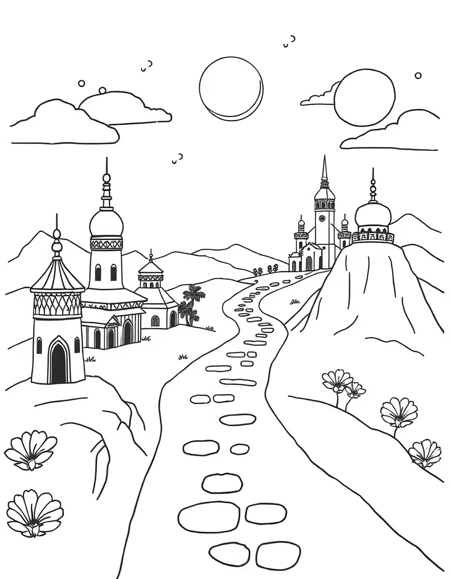 Spiritual journey path with landmarks from different traditions