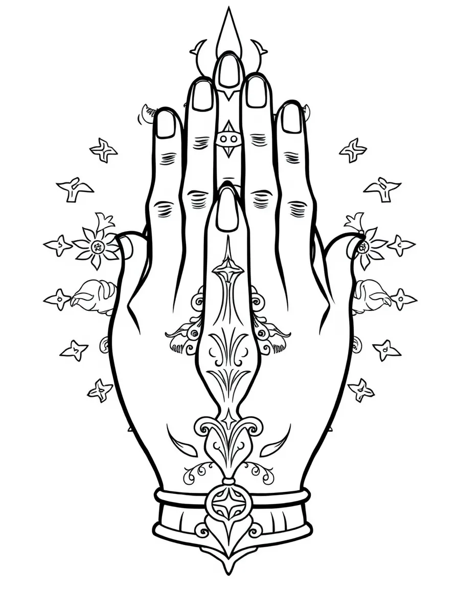 Universal prayer hands with detailed finger arrangements and symbolic elements
