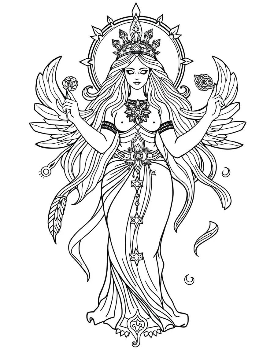 Divine feminine representation with symbols from multiple traditions