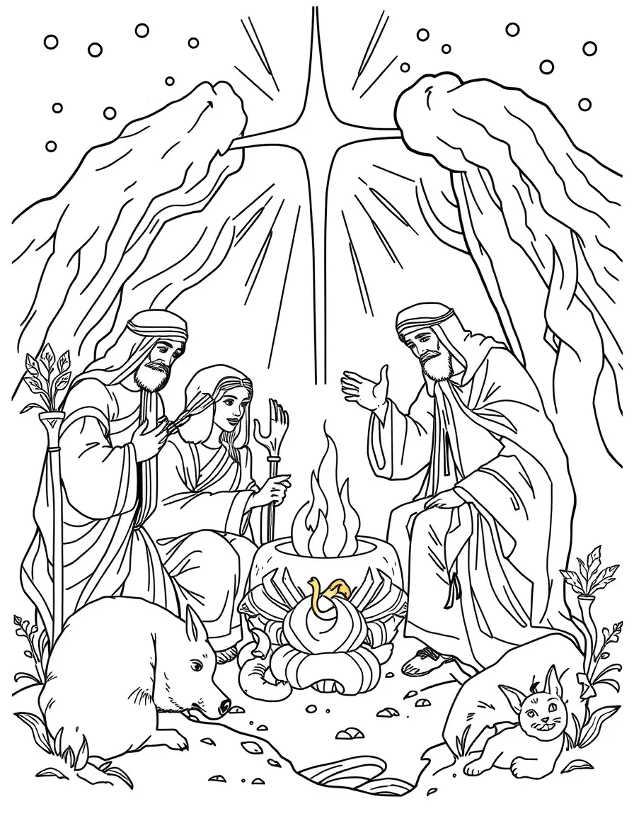 Creation scene with elements from multiple religious traditions