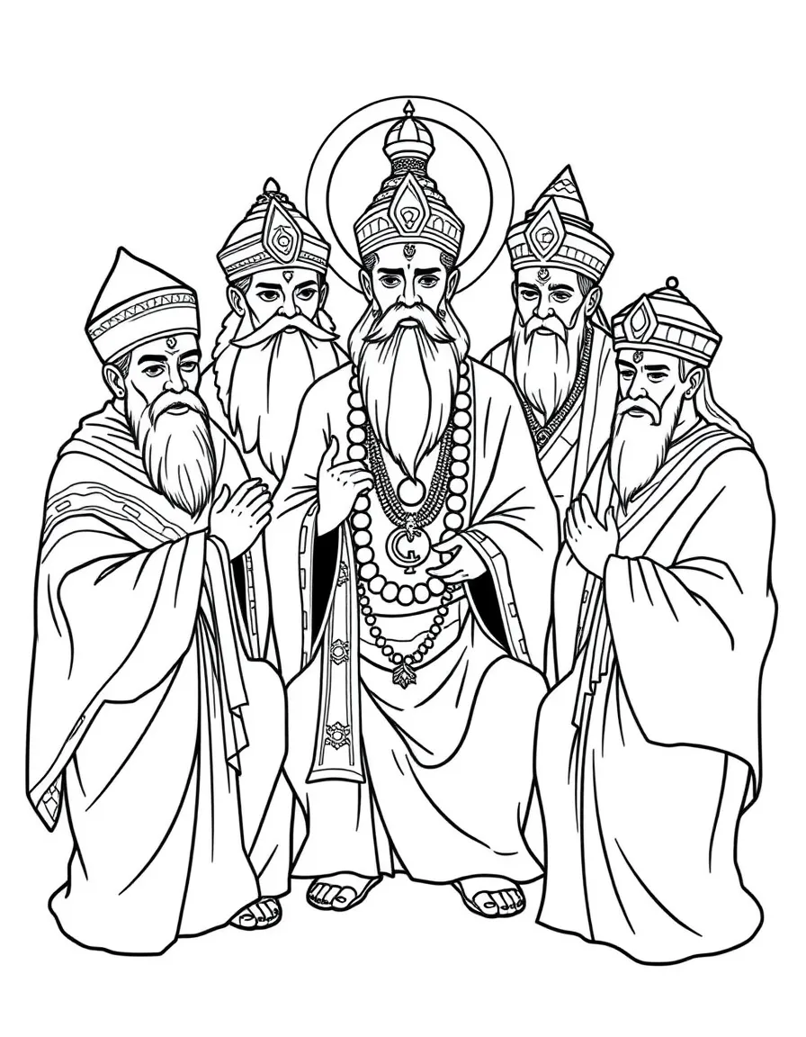 Circle of spiritual leaders from different traditions in detailed traditional attire