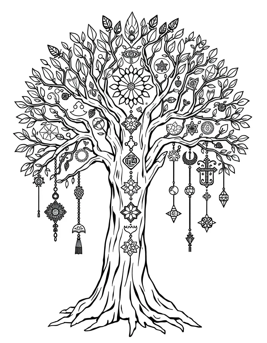 Sacred tree with symbols from various traditions hanging from branches