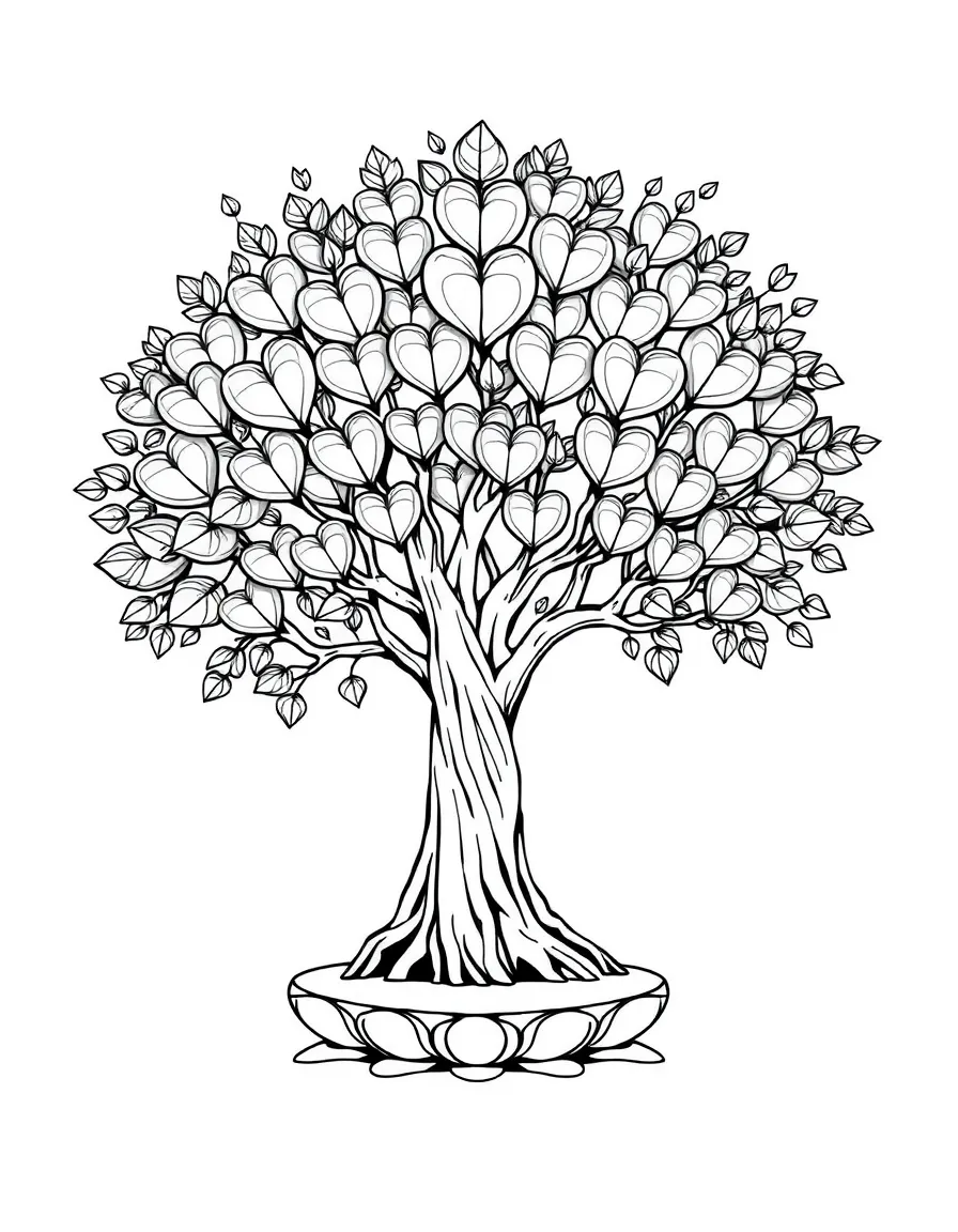 Bodhi tree with detailed heart-shaped leaves and enlightenment platform
