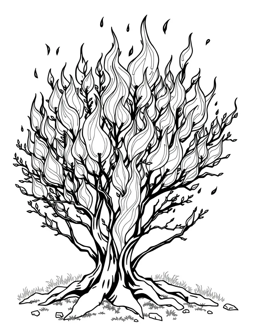 Burning bush with detailed flame patterns that don't consume