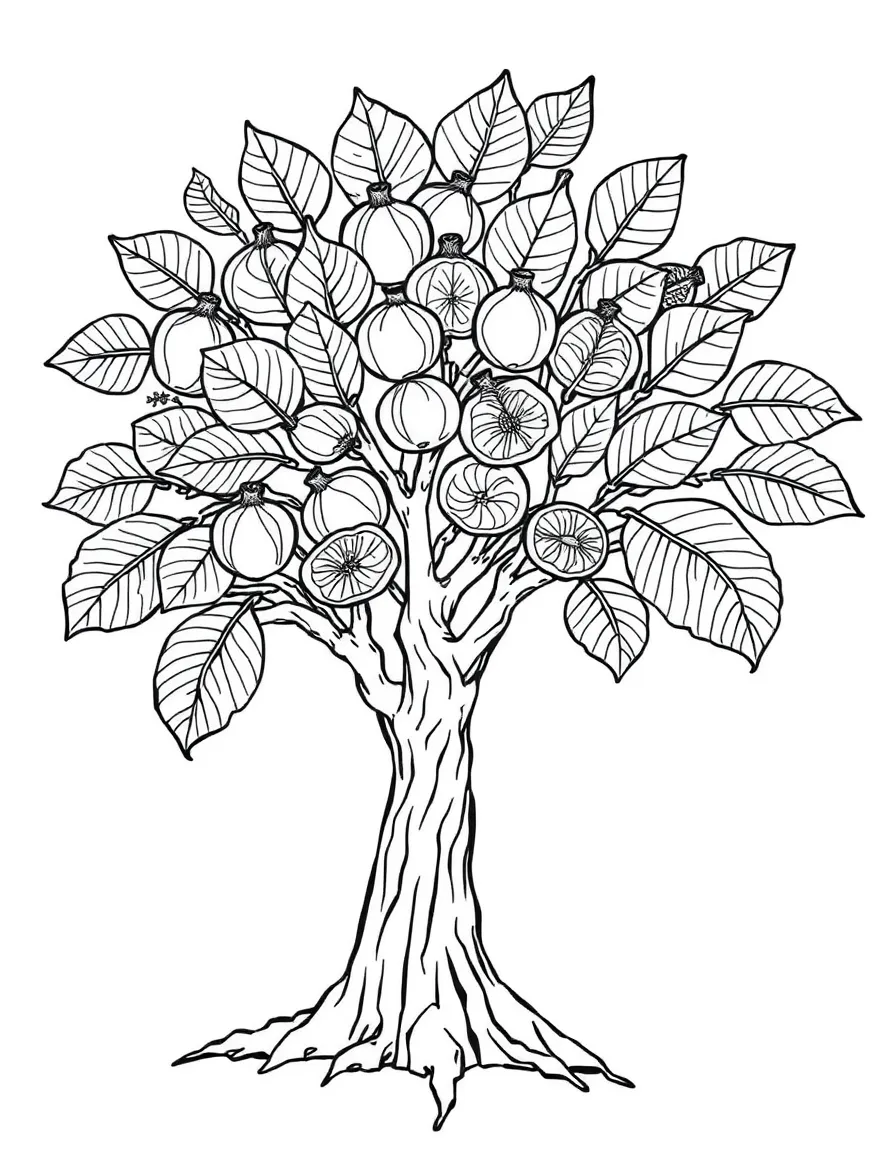 Fig tree with detailed religious symbolism and leaf patterns