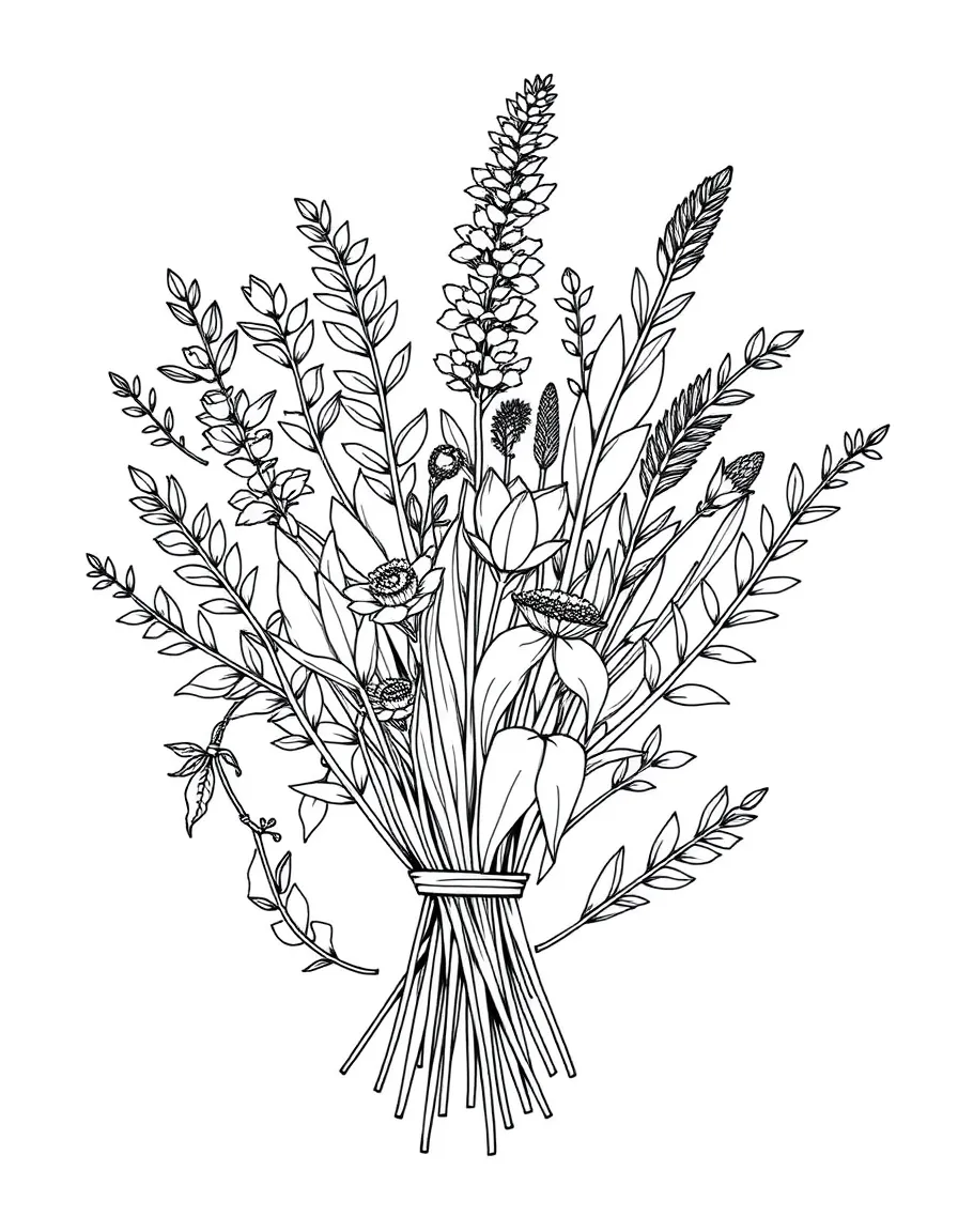 Sacred herbs bundle with detailed individual plants and symbolic meanings