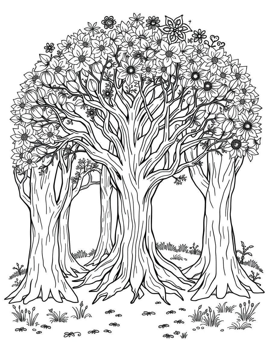 Sacred grove with trees representing different spiritual traditions