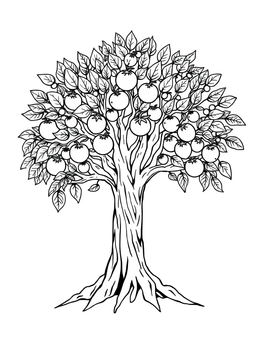 Tree of life with fruits representing various spiritual virtues