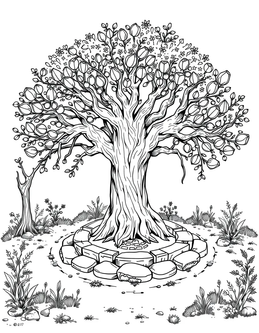 Sacred grove with stone circle and detailed tree elements