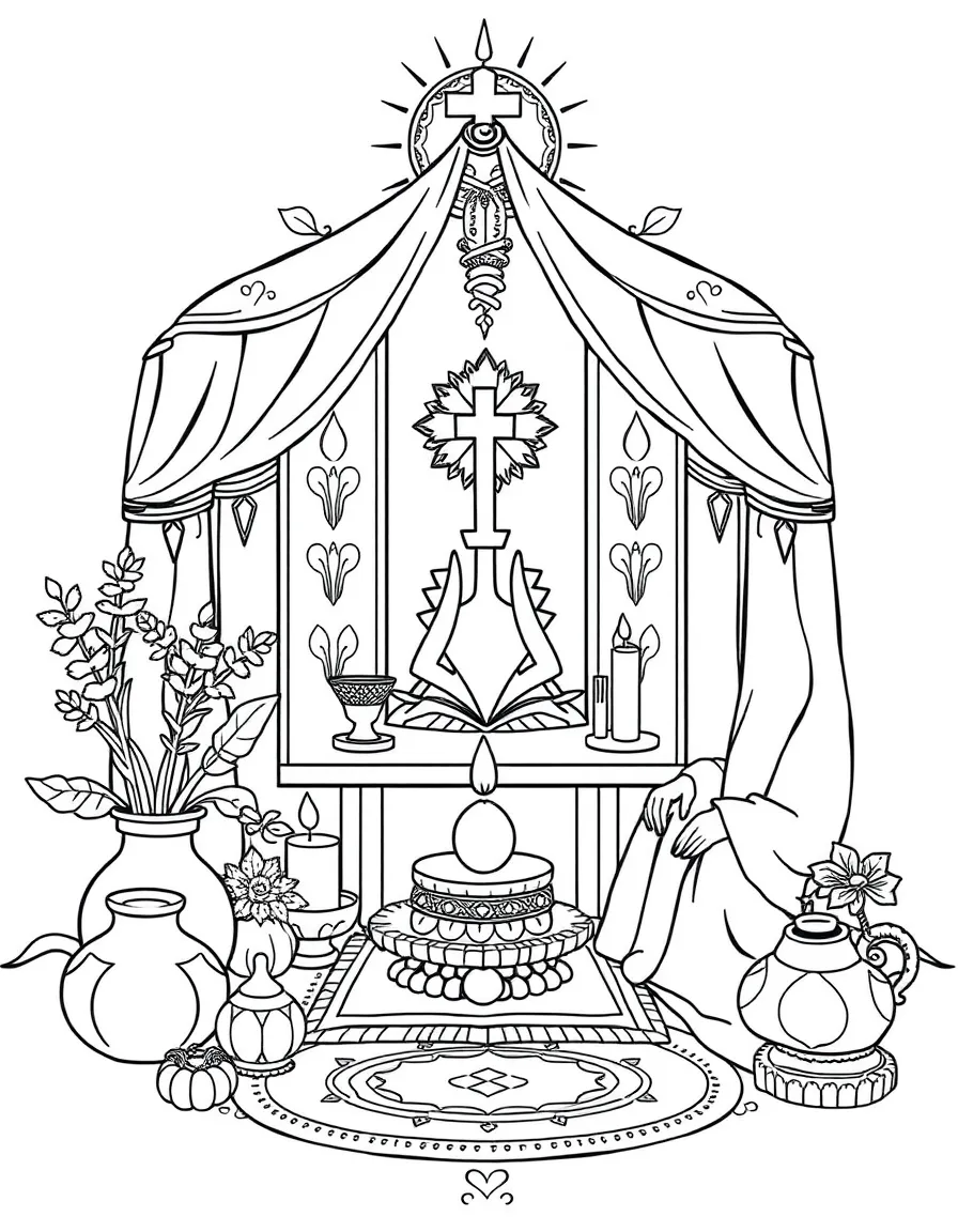 Prayer corner with elements from different spiritual traditions