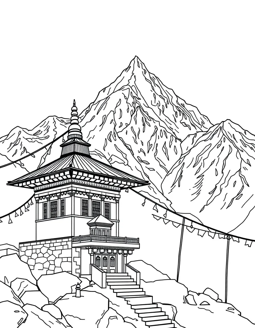 Himalayan temple with prayer flags and detailed mountain backdrop