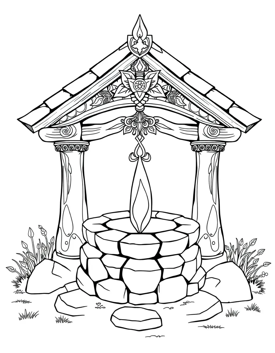 Sacred well with detailed stonework and spiritual symbolism
